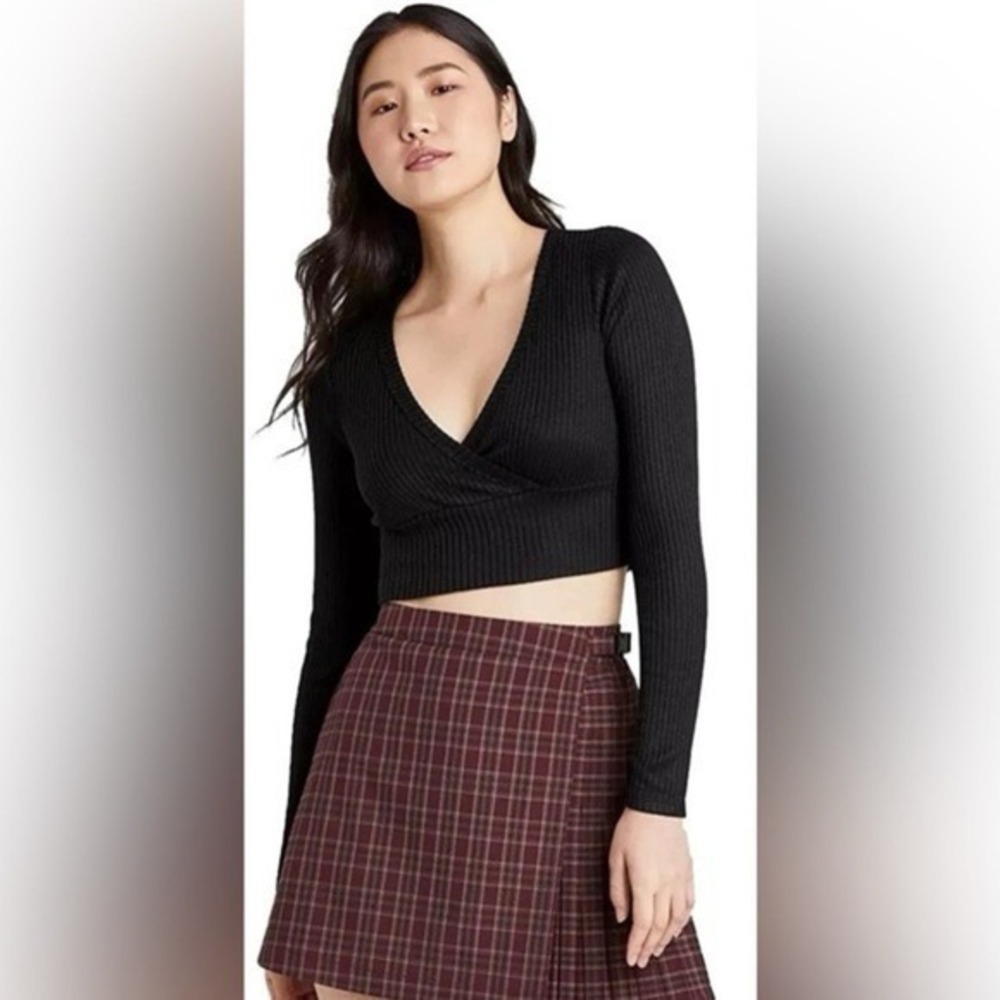Wild Fable Black Ribbed Long Sleeve Faux Wrap Crop Top